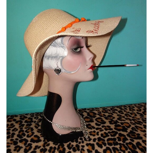 Vintage Feelin' Beachy Ivory Woven Sun Hat with orange pom pom fringe pinup - Picture 6 of 13